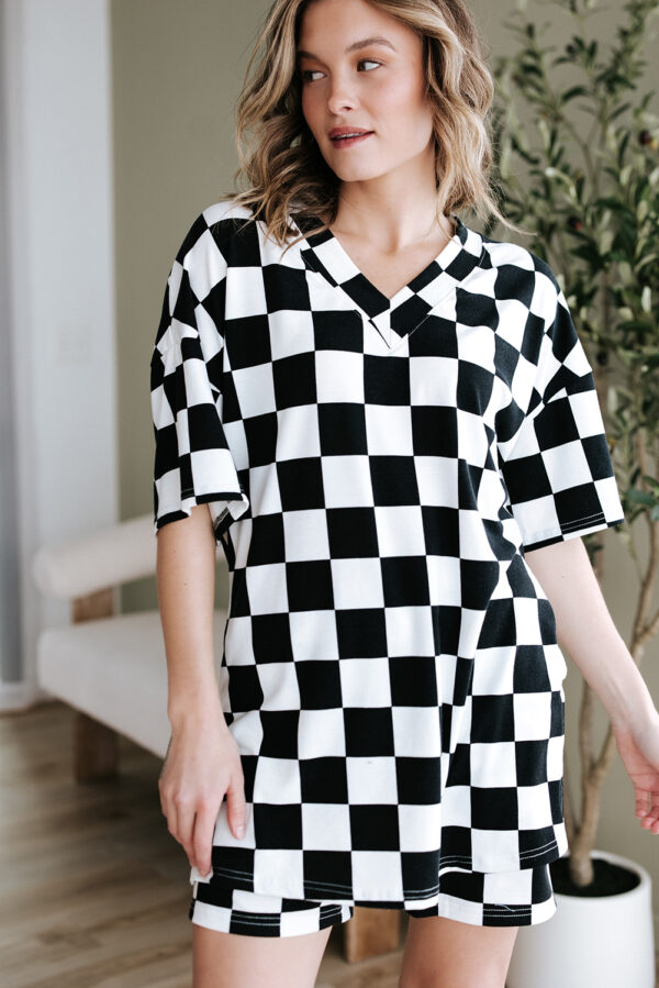 Divine Vessel's Black Checkerboard Print V Neck Loose Tee and Shorts Set