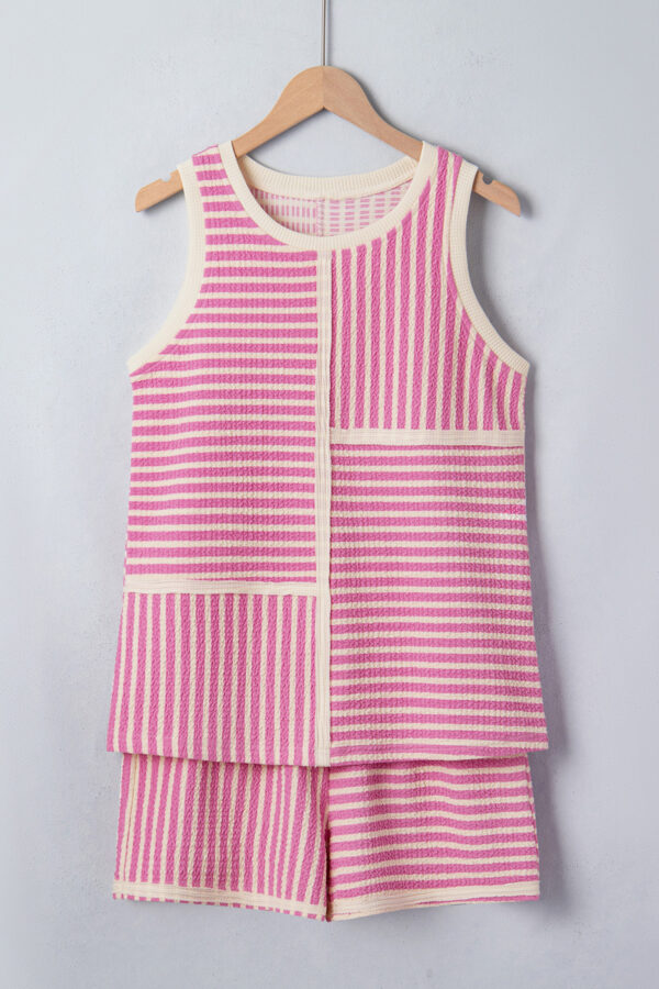 Divine Vessel's Pink Stripe Textured Contrast Trim Casual Tank and Shorts Set