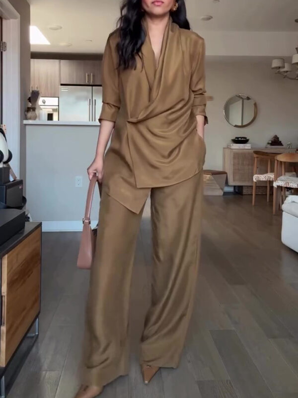 Divine Vessel Women’s Luxury Satin Wrap Blouse & Wide Leg Pants Set Silky Two-Piece Elegant Outfit