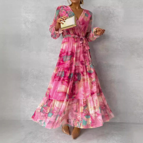 Divine Vessels Elegant V-neck Pleated High-waisted Big Swing Chiffon Maxi Dress For Women