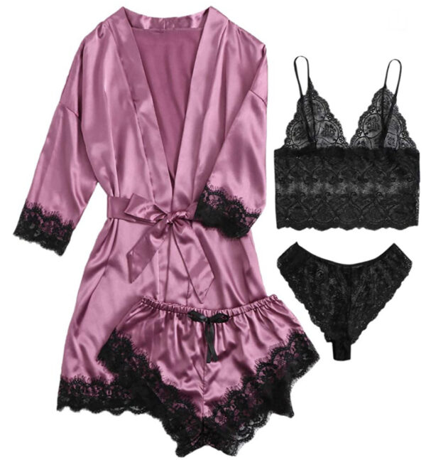 Divine Vessels Sexy Lace Robe Camisole And Short Set (4pcs)